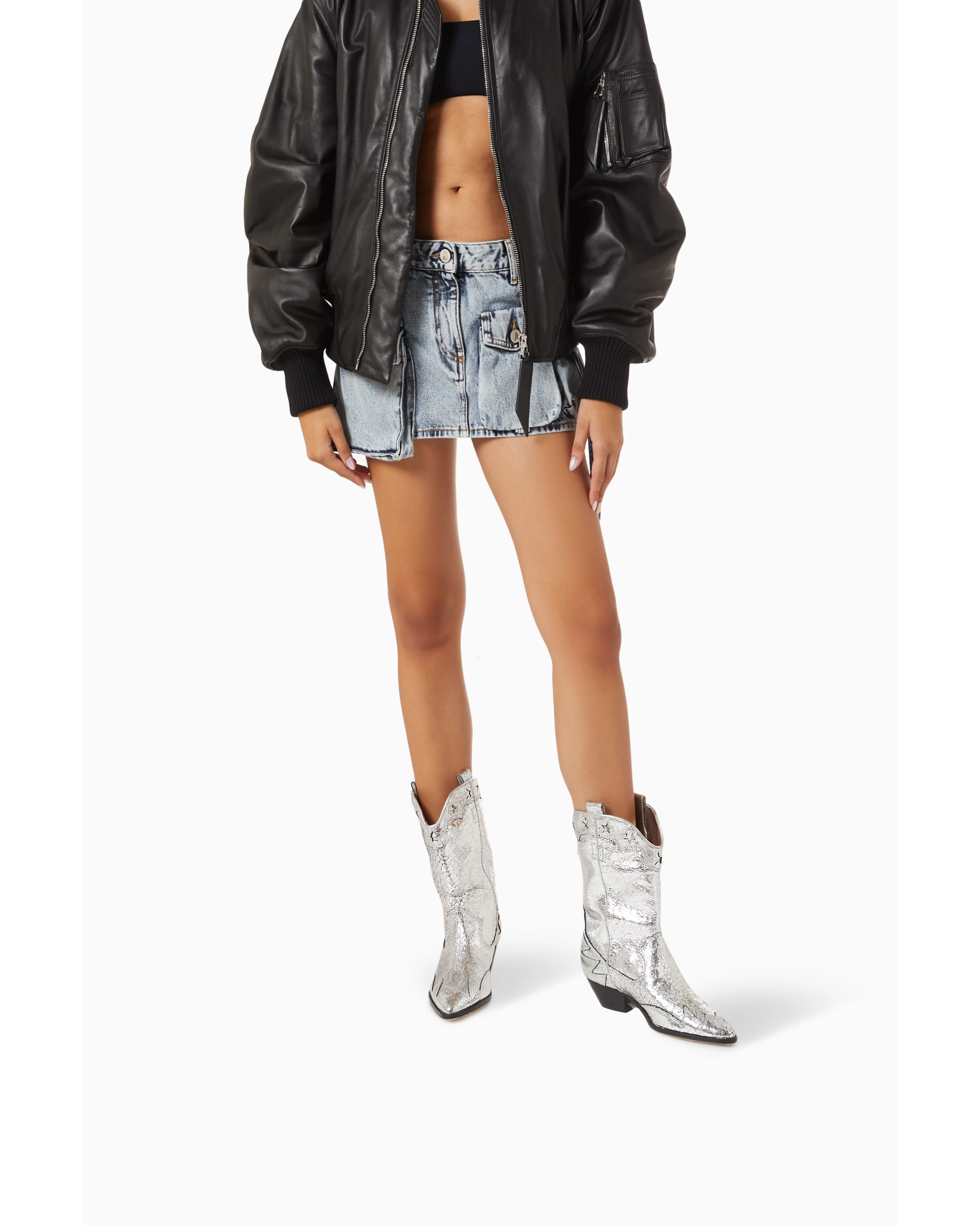 Silver crackled leather western-style cowboy boot with black heel and decorative stitching — Schutz | Endless UAE
