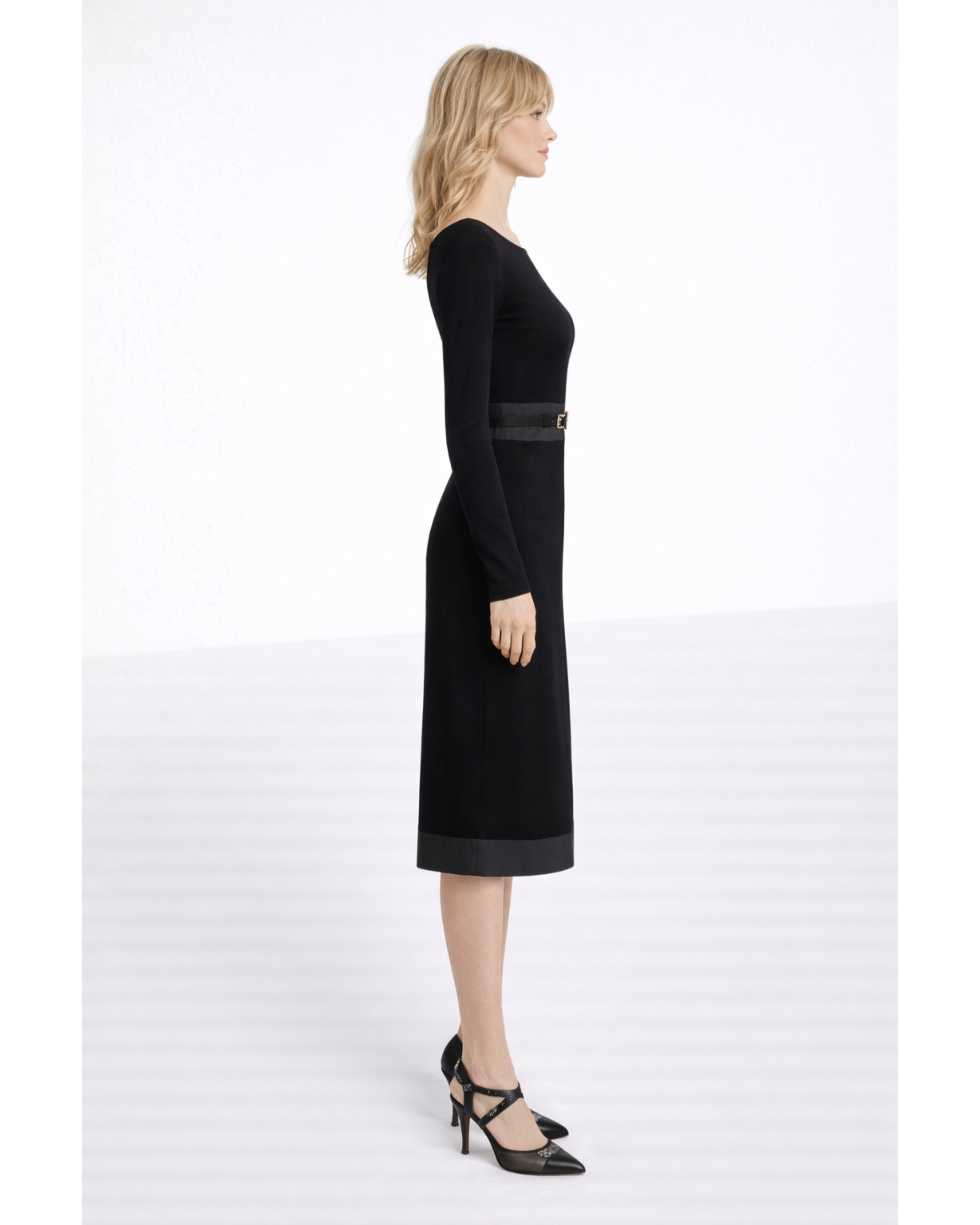 Black long-sleeve bodycon dress with satin belt detail and trim, knee-length silhouette, styled with heels — Fendi | Endless UAE
