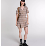 V-neck Button-down Checked Cotton-blend Mini Dress