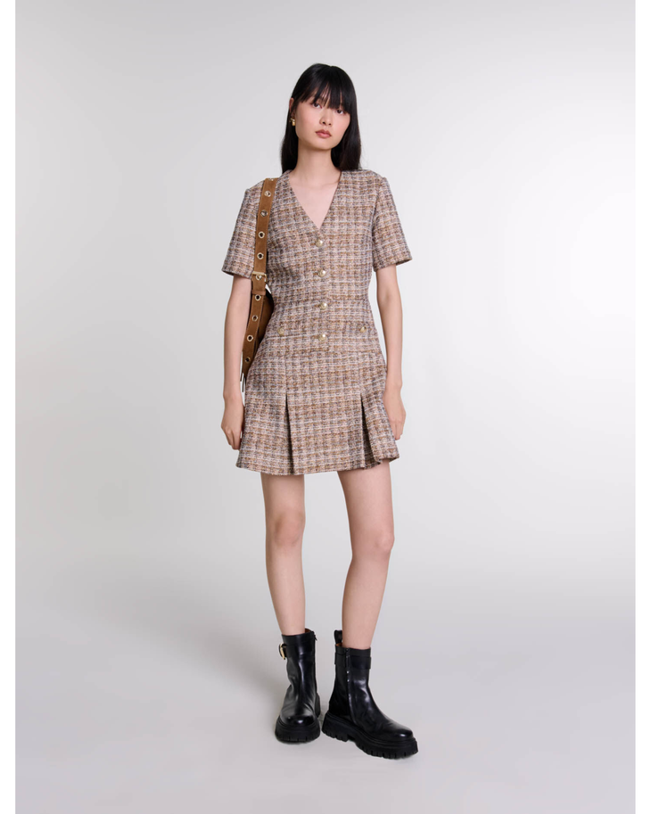 V-neck button-down checked cotton-blend mini dress with short sleeves and pleated skirt — Maje | Endless UAE
