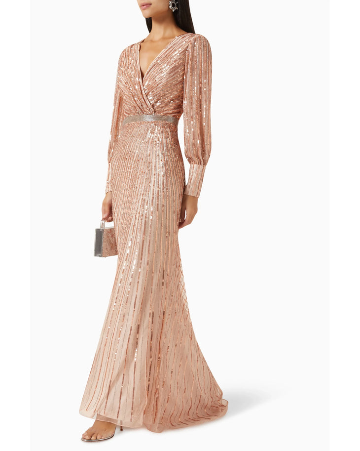 Rose gold sequinned wrap gown with long sleeves and floor-length skirt — Mac Duggal | Endless UAE