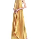 Woman wearing pleated marigold halter gown with high-low hemline — L'IDÉE | Endless UAE