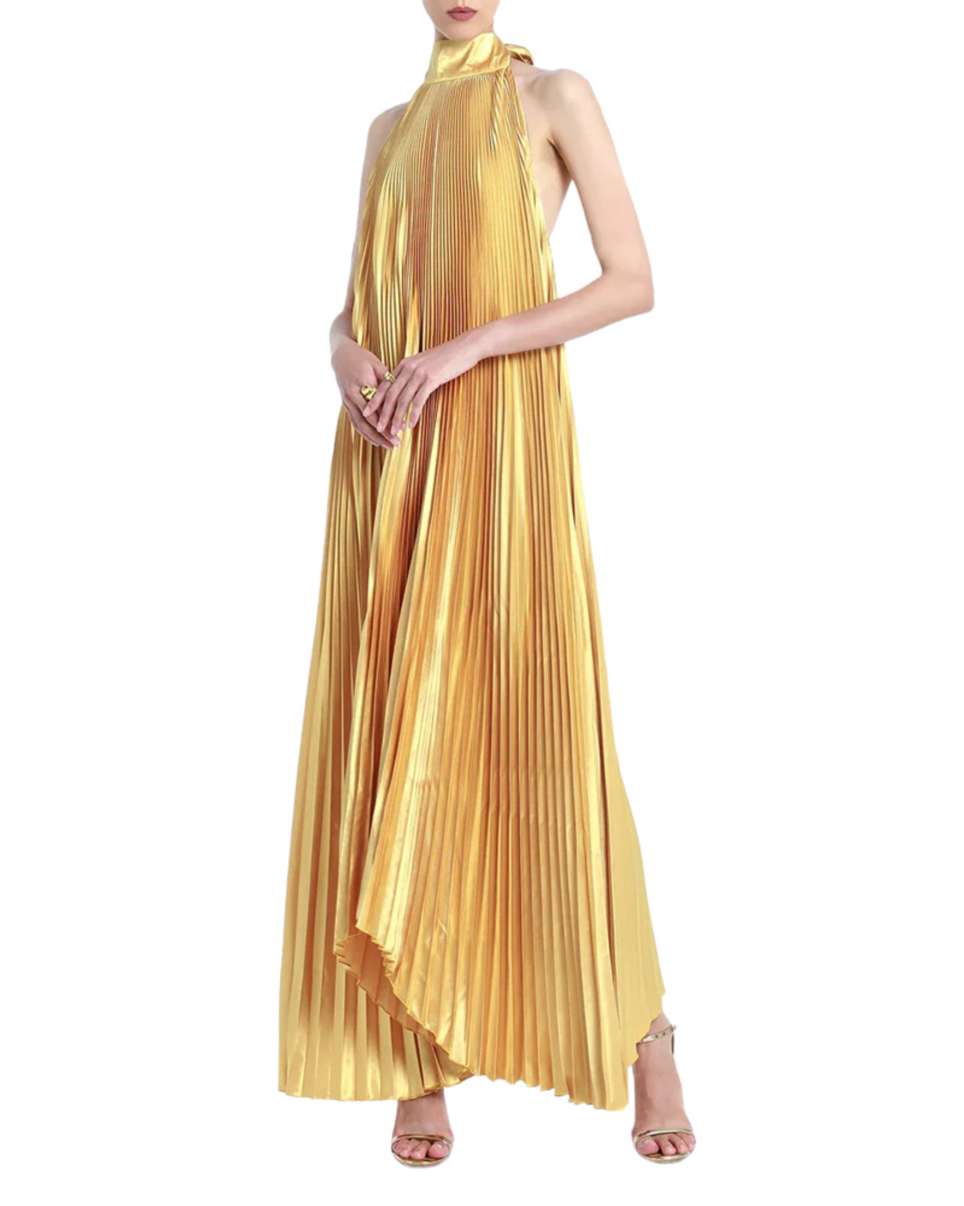 Woman wearing pleated marigold halter gown with high-low hemline — L'IDÉE | Endless UAE