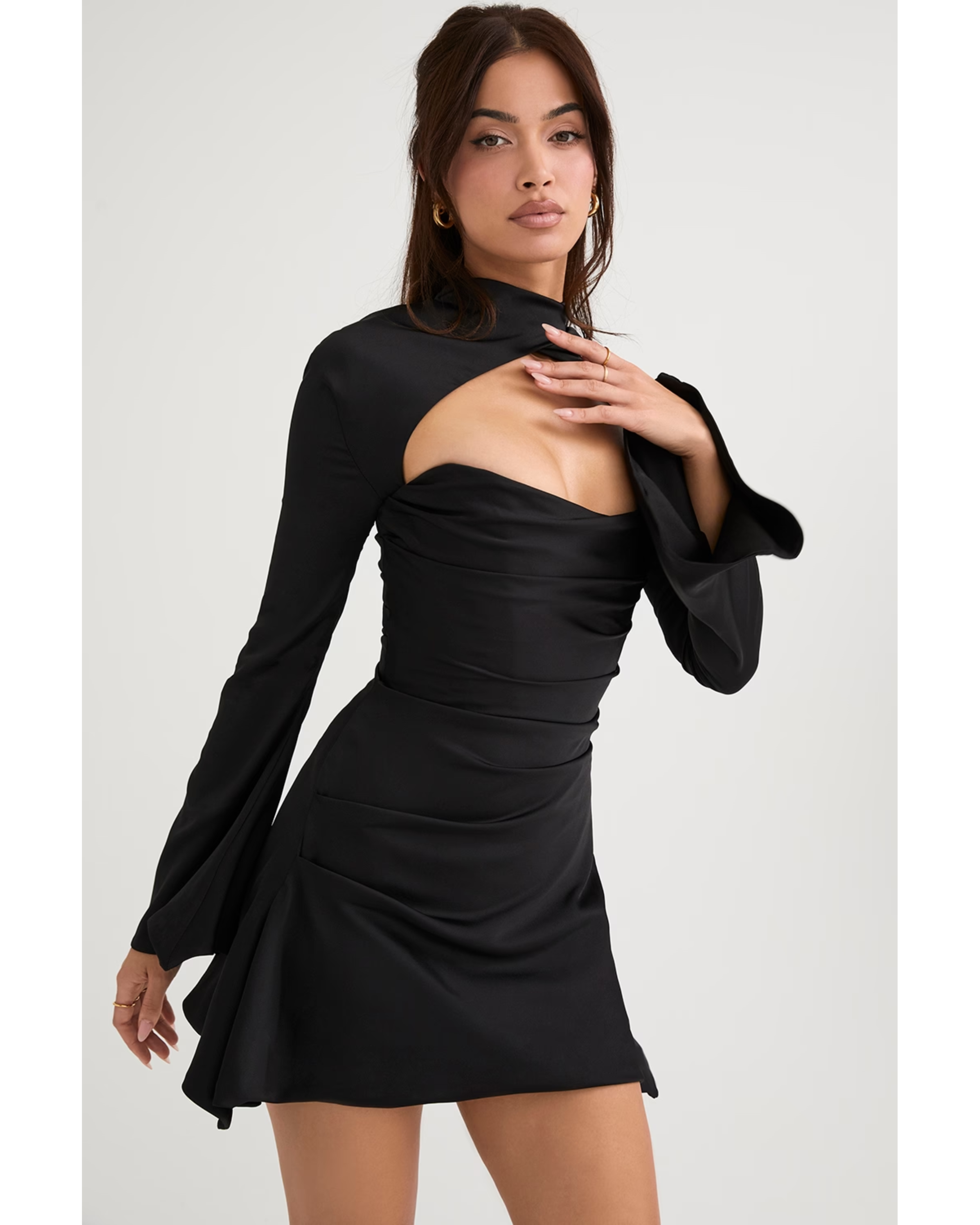 Black draped corset dress with long sleeves and cutout detail — House of CB | Endless UAE