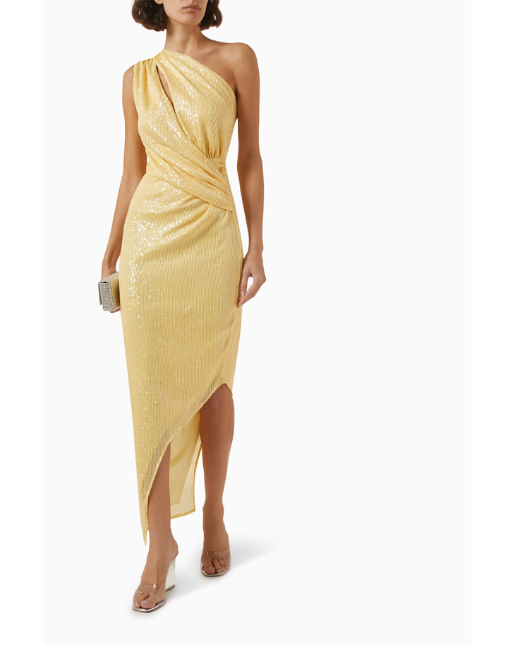 Gold sequin one-shoulder maxi dress with asymmetrical wrap detail — Baobab | Endless UAE