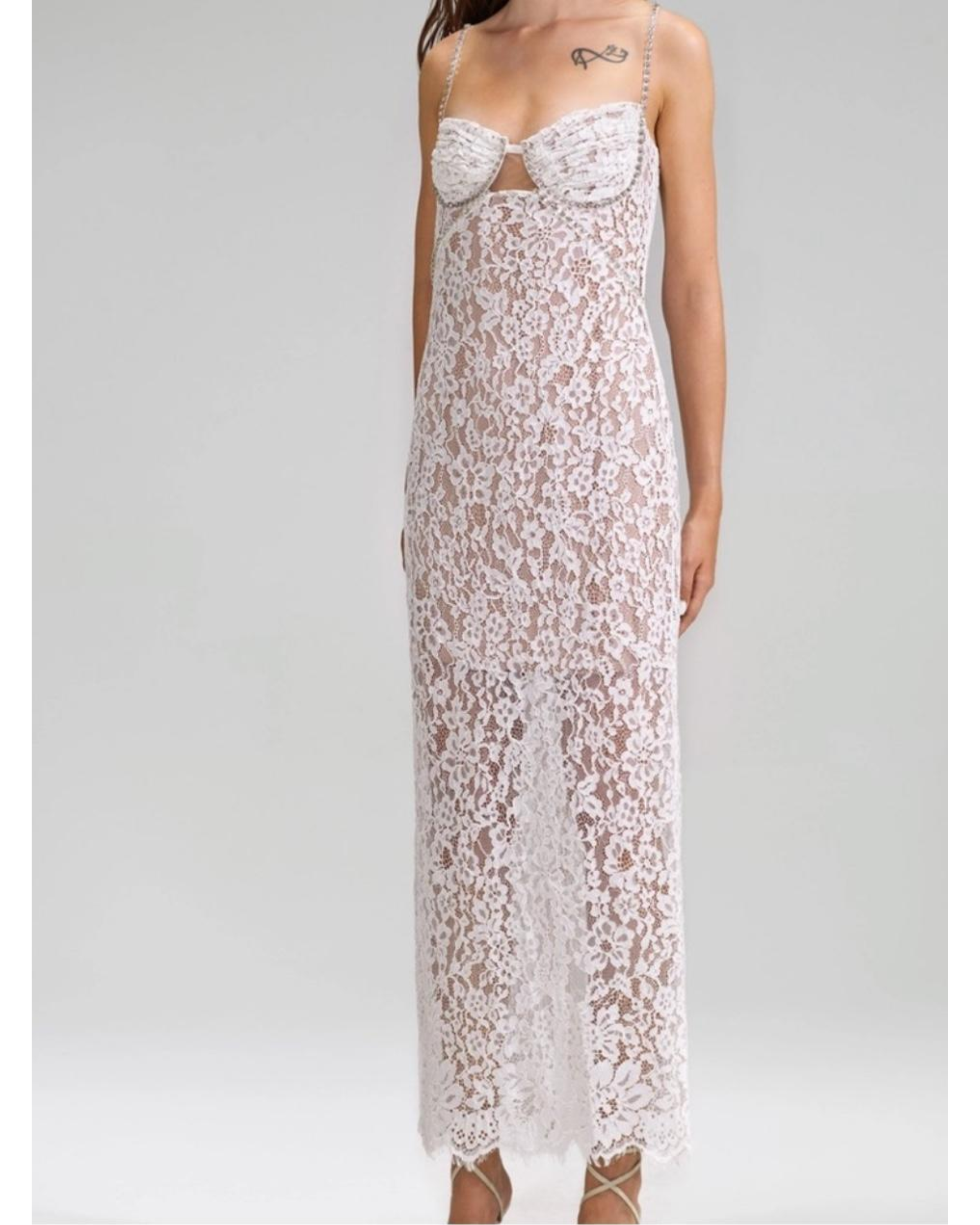 White lace maxi dress with embellished bustier top and cutout detail — Self-Portrait | Endless UAE