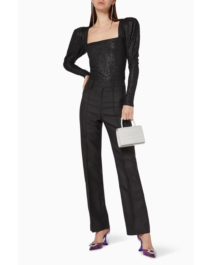 Black sparkle square-neck long-sleeve top with puffed shoulders — Rotate Birger Christensen | Endless UAE
