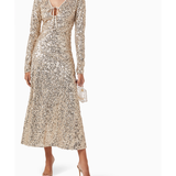 Champagne sequined midi dress with long sleeves and tie-front neckline — Rotate Birger Christensen | Endless UAE