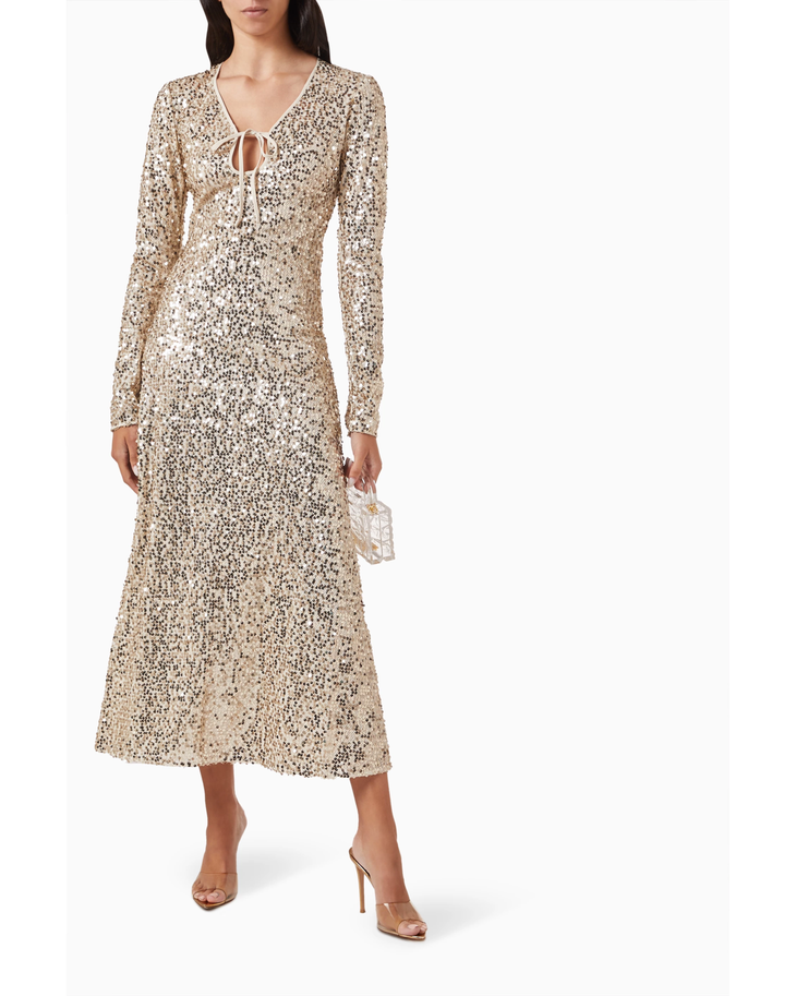 Champagne sequined midi dress with long sleeves and tie-front neckline — Rotate Birger Christensen | Endless UAE