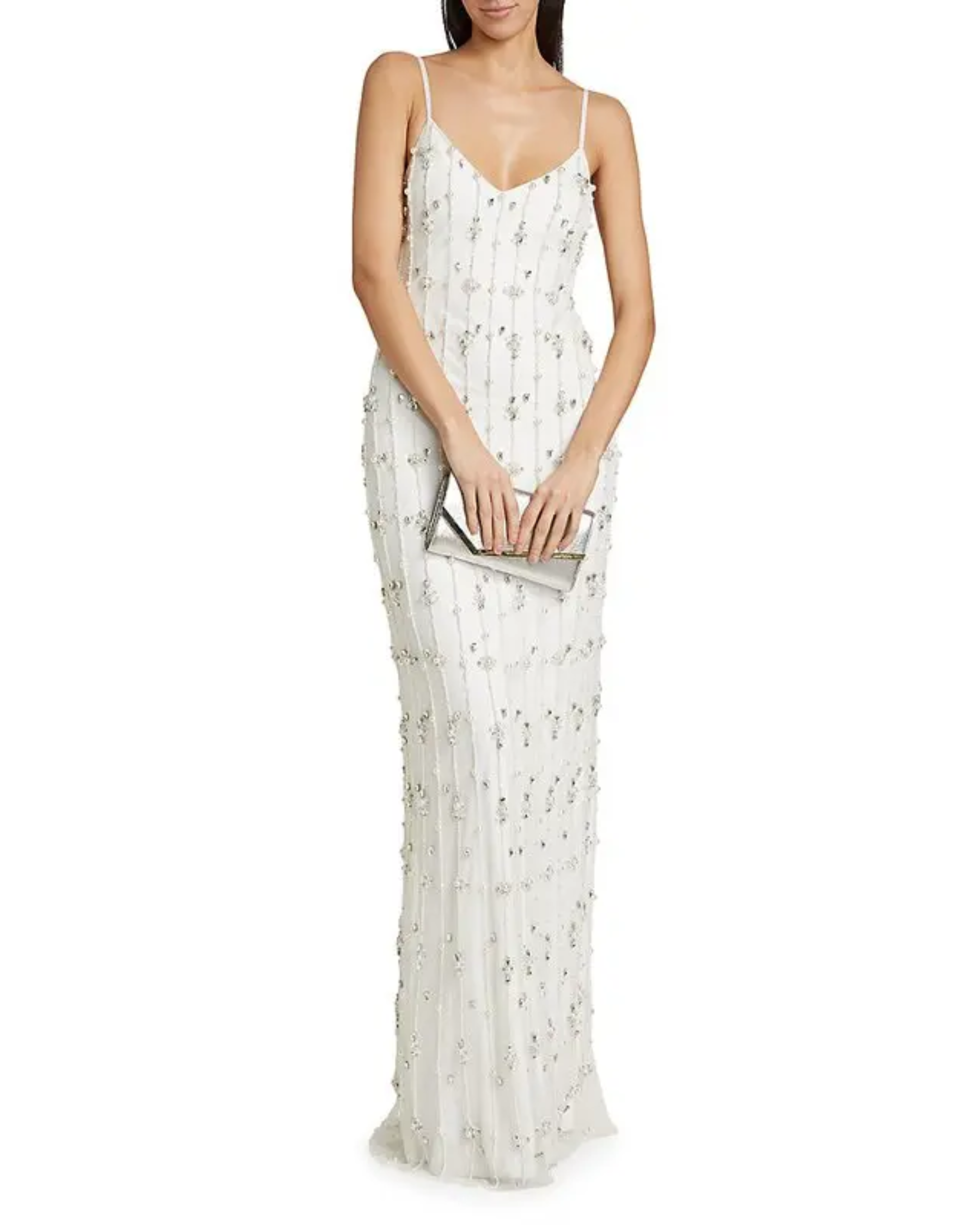 Amora ivory beaded gown with crystal embellishments and spaghetti straps — Monique Lhuillier | Endless UAE
