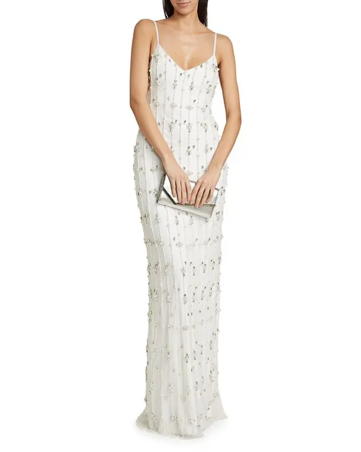 Amora ivory beaded gown with crystal embellishments and spaghetti straps — Monique Lhuillier | Endless UAE