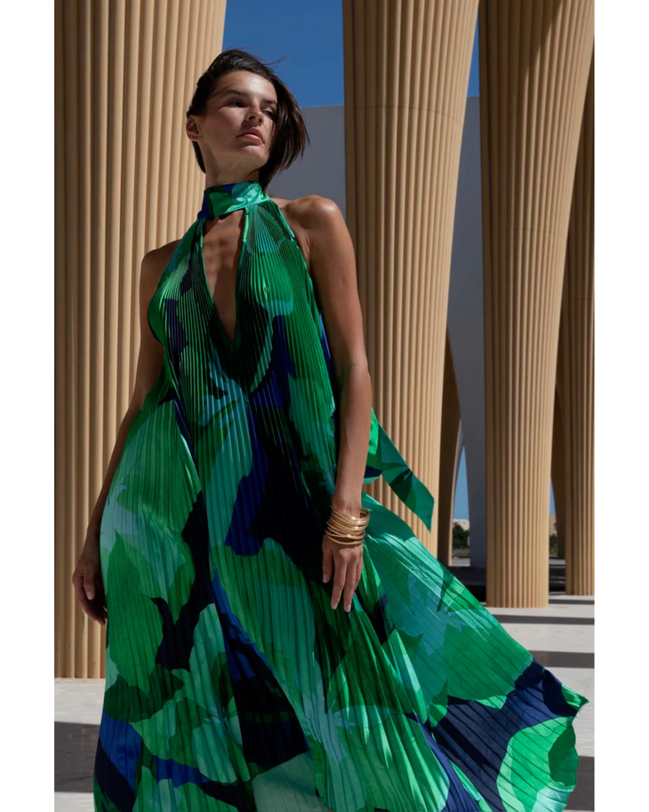 Opera Pleated Gown in green, navy and black with halter neckline — L'IDÉE | Endless UAE