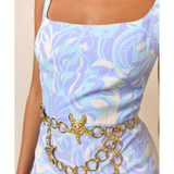 Pastel marble print dress with gold starfish chain belt detail, square neckline and fitted silhouette — Rixo | Endless UAE