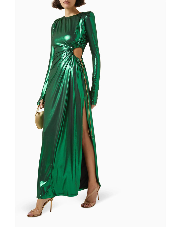 Woman wearing emerald green wet-look long-sleeve maxi dress with ruched waist detail — Daname | Endless UAE