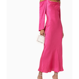 Hot pink textured off-shoulder maxi dress with long sleeves and halter neckline — Never Fully Dressed | Endless UAE