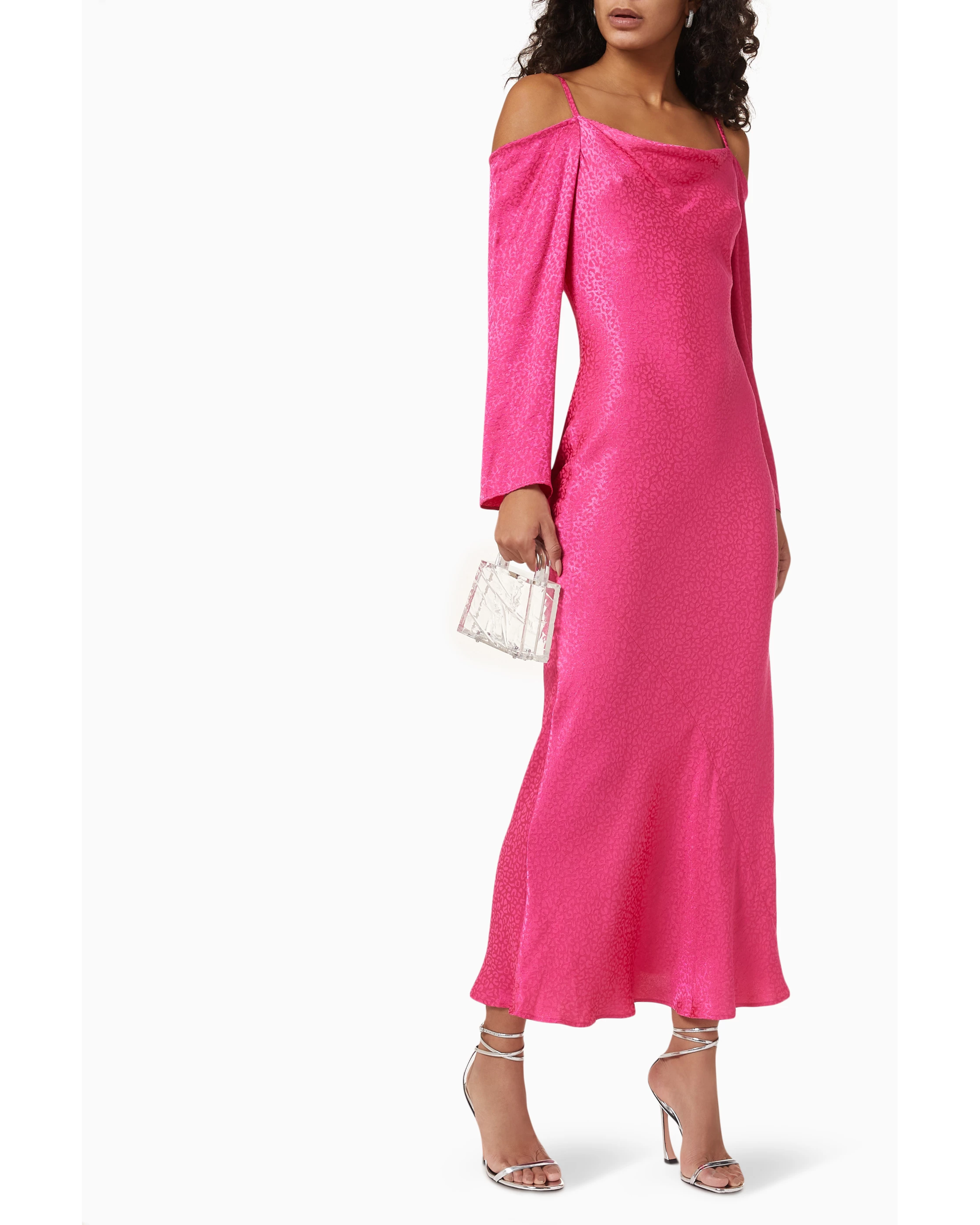 Hot pink textured off-shoulder maxi dress with long sleeves and halter neckline — Never Fully Dressed | Endless UAE