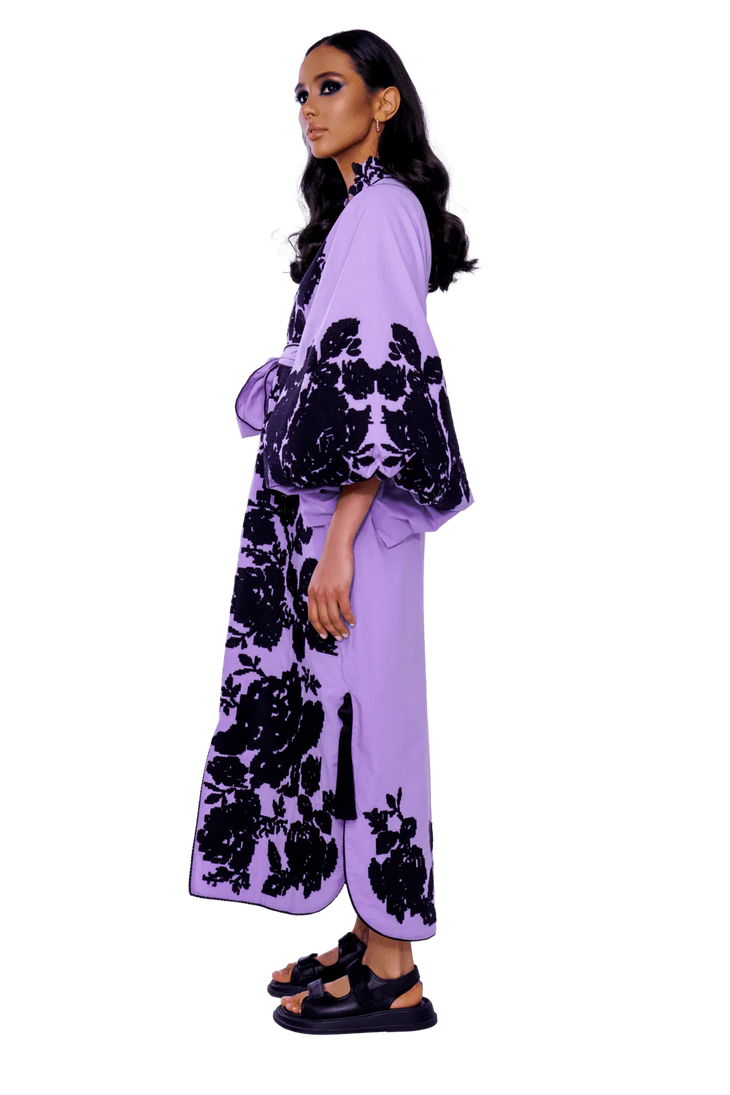 Lavender cotton caftan midi with black rose embroidery, wide sleeves, side view on model — Yuliya Magdych | Endless UAE