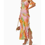 Multicolored sequin embellished midi dress with ruffled off-shoulder sleeves and tiered skirt — Never Fully Dressed | Endless UAE