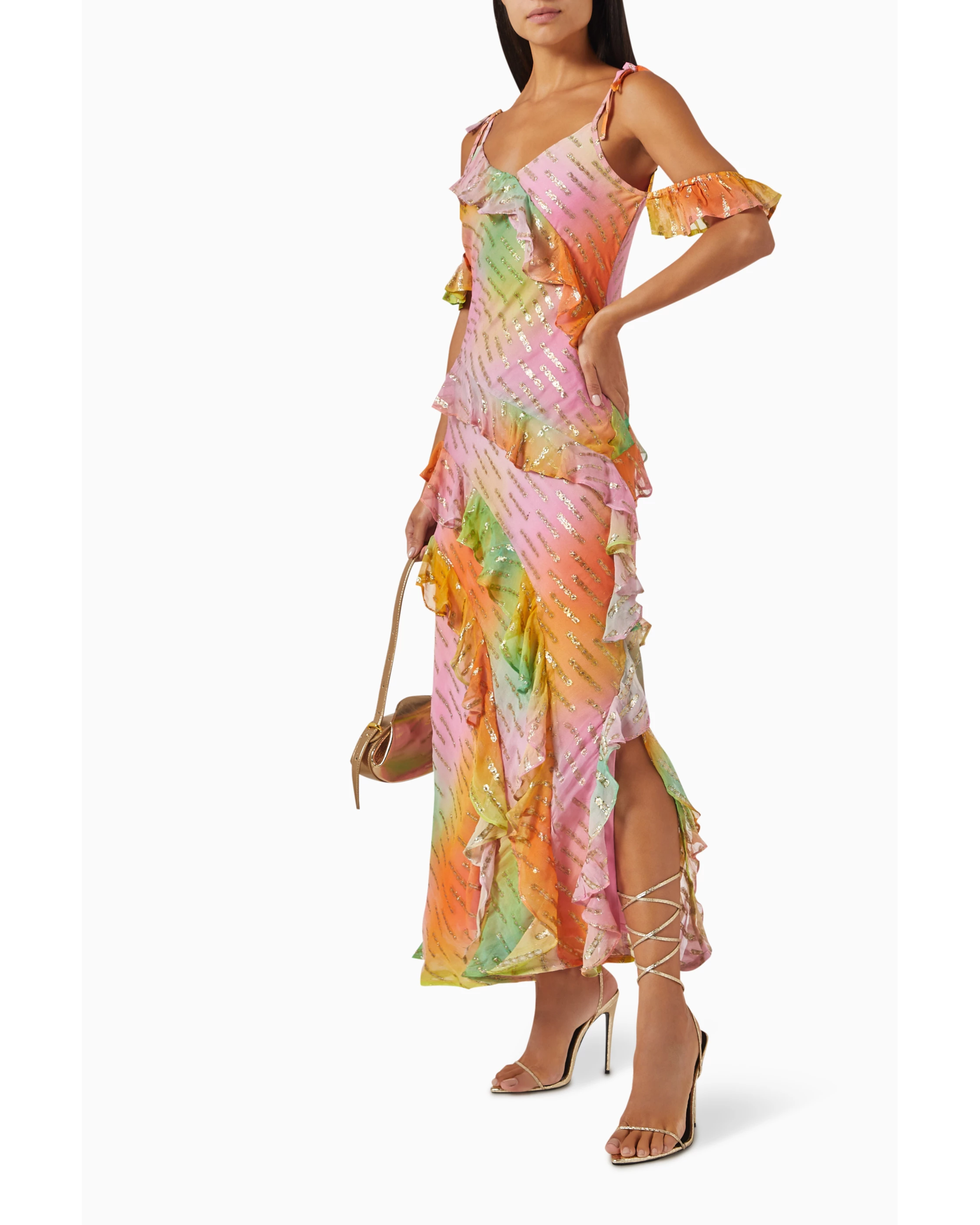 Multicolored sequin embellished midi dress with ruffled off-shoulder sleeves and tiered skirt — Never Fully Dressed | Endless UAE