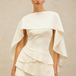 Lyna White Satin Dress with draped cape overlay and tiered skirt — Miss Rosier | Endless UAE