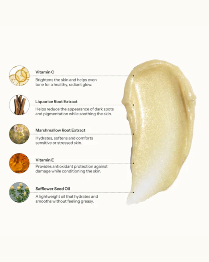 Creamy yellow sunscreen balm swatch with ingredient callouts showing Vitamin C, Liquorice Root, Marshmallow Root, Vitamin E and Safflower Seed Oil — Balm Space | Endless UAE