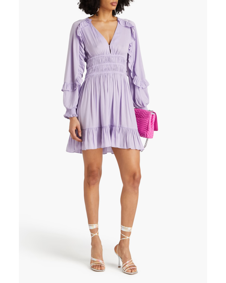 Lavender smocked waist mini dress with ruffle details and long sleeves — Endless | Endless UAE