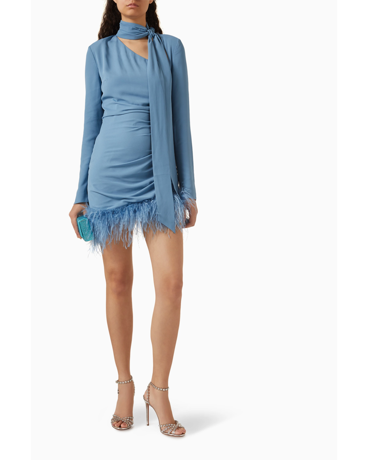 Blue satin mini dress with asymmetric neckline, neck tie detail, ruched body, long sleeves and feather hem trim — De La Vali | Endless UAE