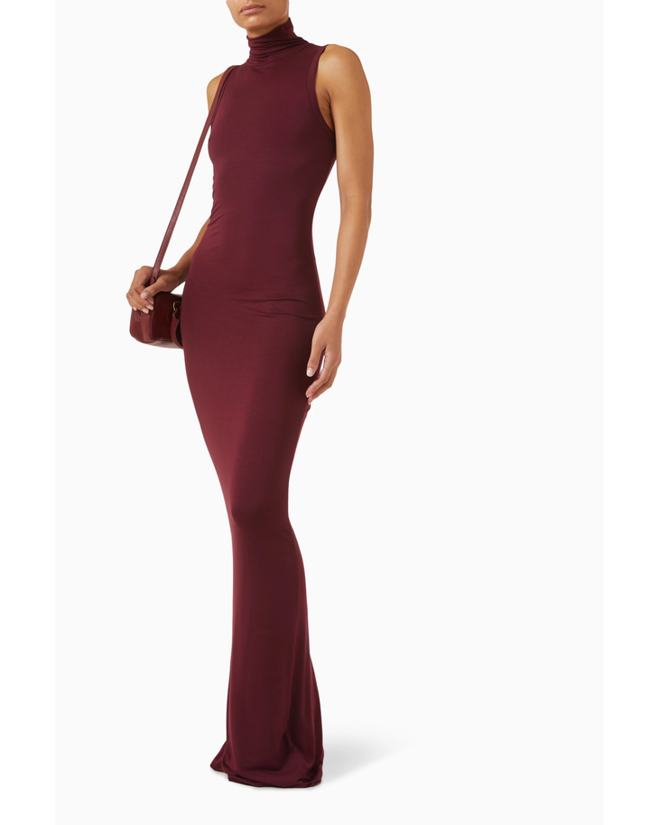 Burgundy sleeveless turtleneck maxi dress with fitted silhouette — Eterne | Endless UAE