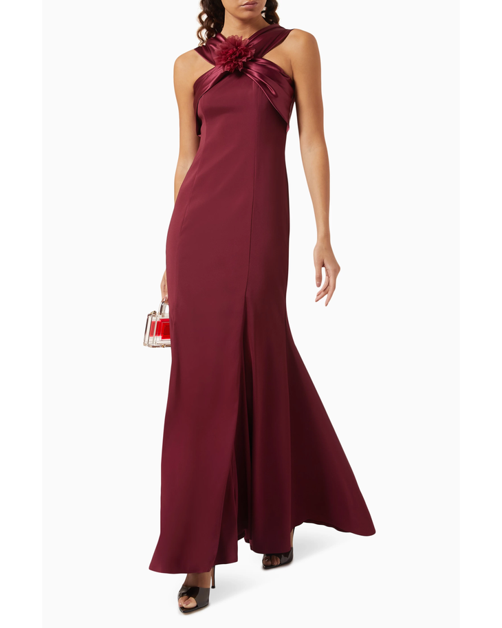 Burgundy sleeveless maxi dress with floral applique halter neckline — Amri | Endless UAE