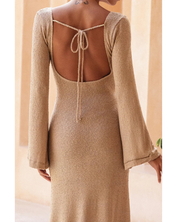 Farah Dress in beige knit with keyhole neckline detail — Miharo | Endless UAE