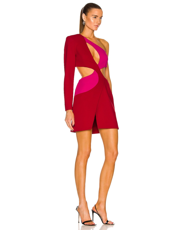 One shoulder colorblock mini dress with cutout details in red and pink — PatBo | Endless UAE