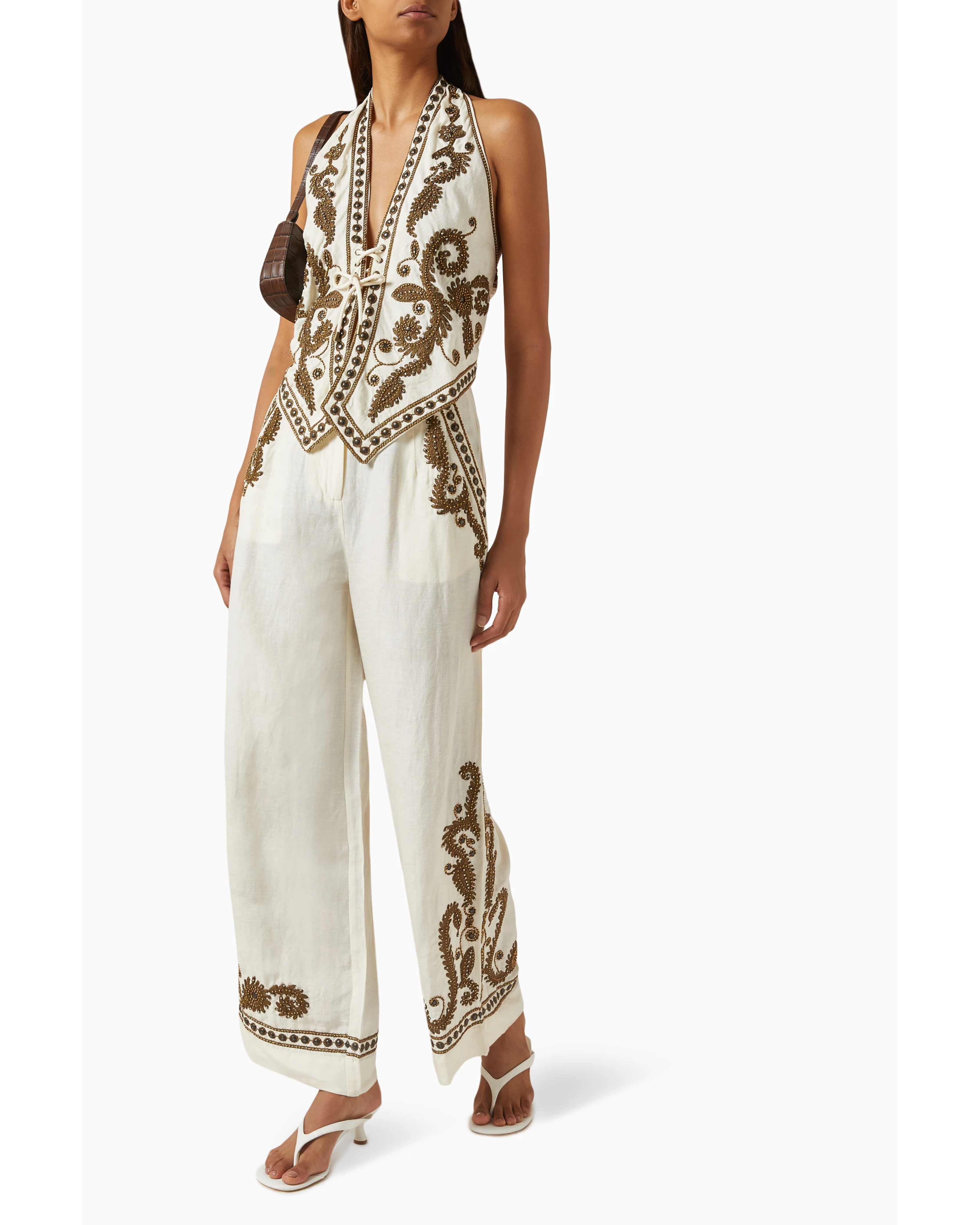 Taylen Embroidered Co-ord Set in cream with gold embroidery — Scarlet Poppies | Endless UAE