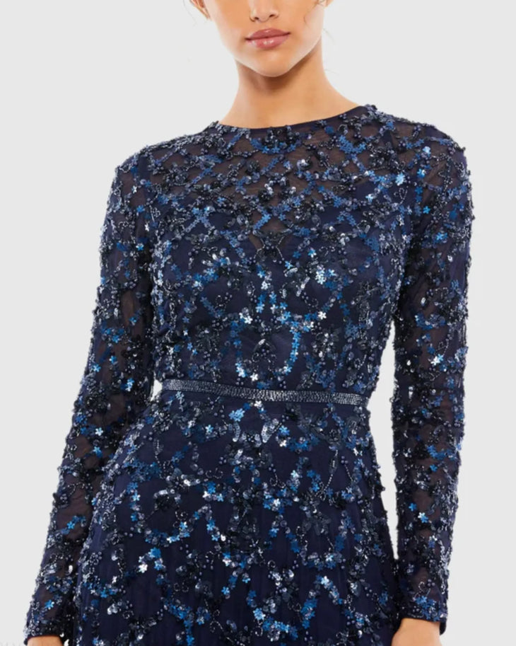 Navy embellished illusion high neck long sleeve A-line gown with intricate blue beadwork and sequin details — Mac Duggal | Endless UAE