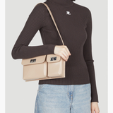 Beige patent leather shoulder bag with dual compartments and silver turnlock closures — Endless | Endless UAE
