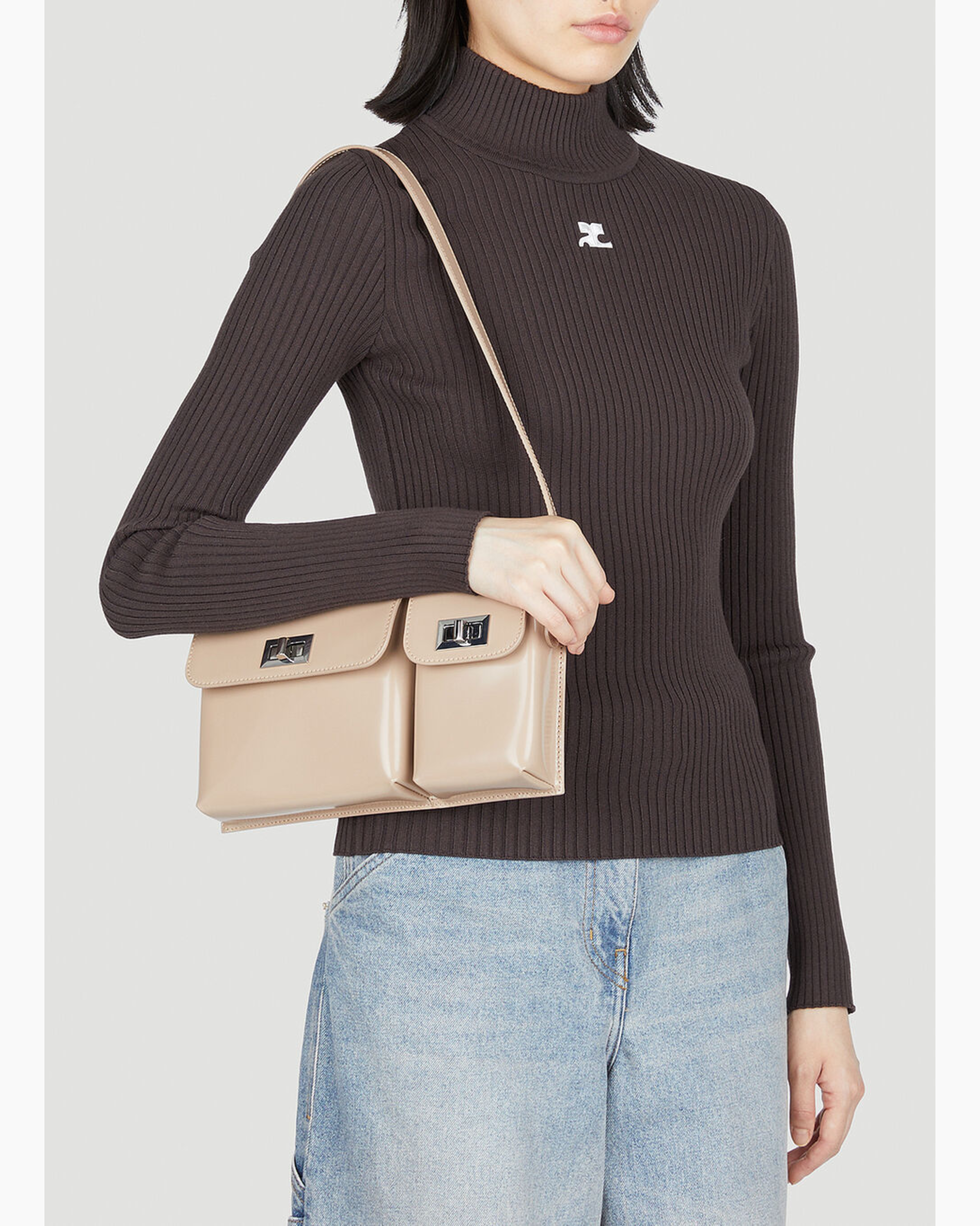 Beige patent leather shoulder bag with dual compartments and silver turnlock closures — Endless | Endless UAE