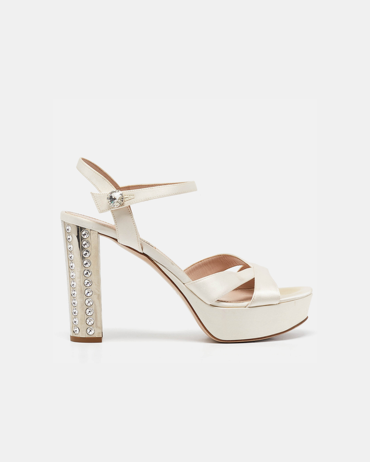 Cream satin platform sandals with crystal-embellished heel — Miu Miu | Endless UAE