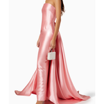 Pink strapless satin gown with dramatic train and fitted silhouette — Solace London | Endless UAE