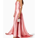 Pink strapless satin gown with dramatic train and fitted silhouette — Solace London | Endless UAE
