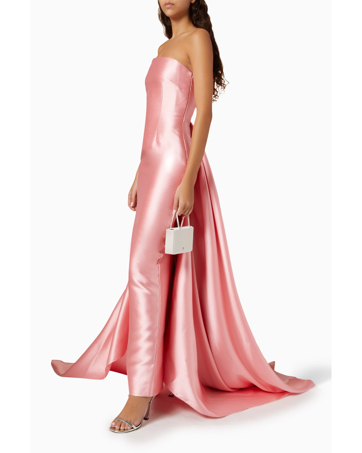Pink strapless satin gown with dramatic train and fitted silhouette — Solace London | Endless UAE
