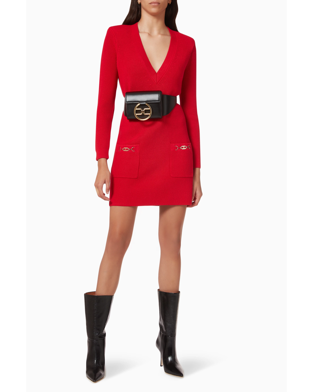 Red rib-knit mini dress with V-neck, black belt and boots — Elisabetta Franchi | Endless UAE