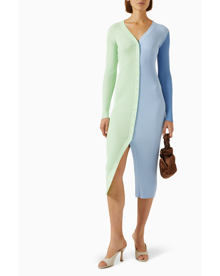 Colorblock ribbed midi dress in mint green and periwinkle blue with button-front closure — Staud | Endless UAE
