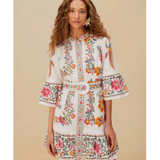 Floral embroidered off-white mini dress with bell sleeves and tiered ruffle hem — Farm Rio | Endless UAE