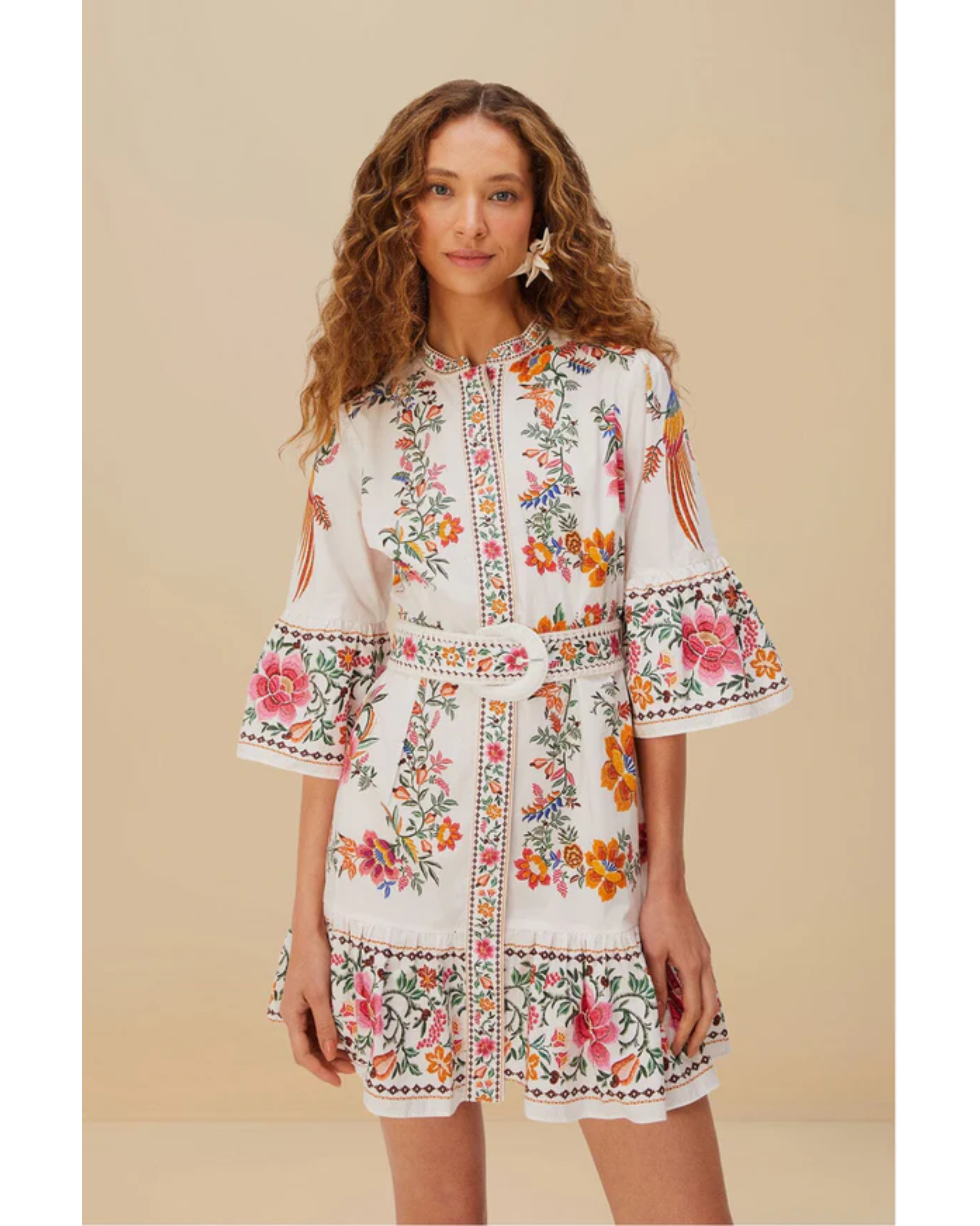 Floral embroidered off-white mini dress with bell sleeves and tiered ruffle hem — Farm Rio | Endless UAE