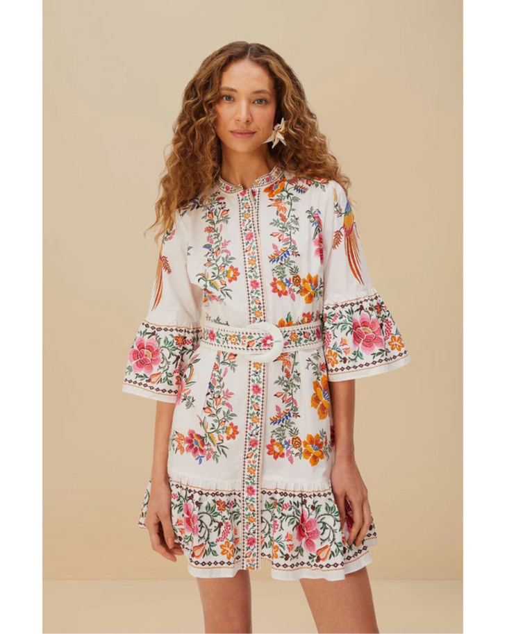 Floral embroidered off-white mini dress with bell sleeves and tiered ruffle hem — Farm Rio | Endless UAE