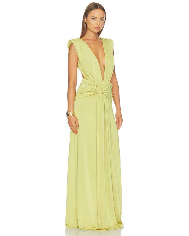 Lime Green Plunge V-Neck Sleeveless Maxi Dress with Twisted Waist Detail — AWAVE Studio | Endless UAE
