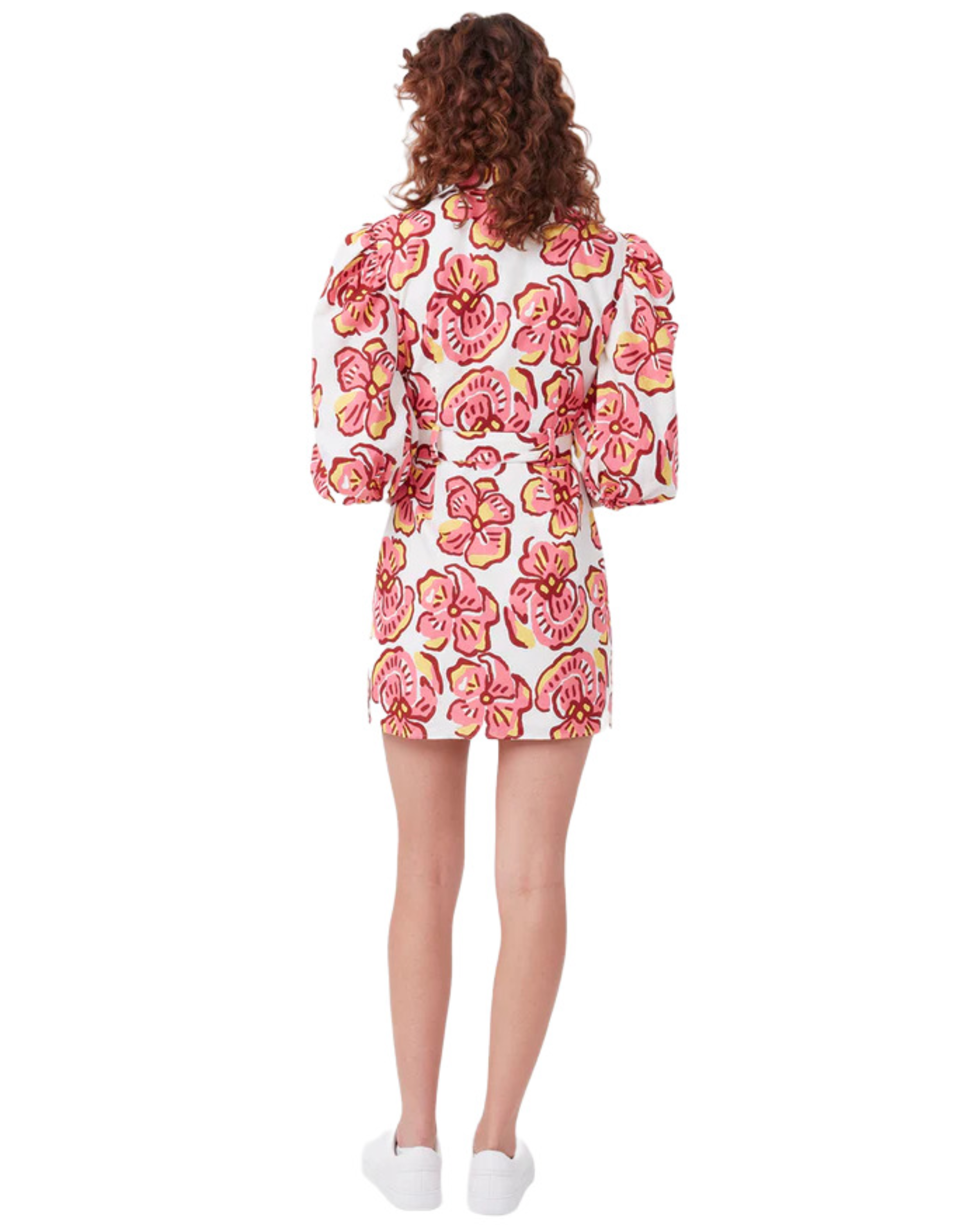 Woman wearing Explorer Mini Dress with pink floral print, puff sleeves, and gold belt — Torannce | Endless UAE