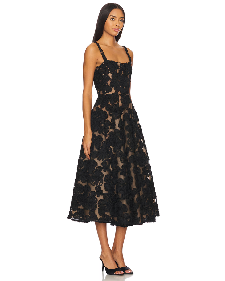 Black lace midi dress with floral pattern, fitted bodice, A-line skirt, and adjustable straps — Bronx & Bronco | Endless UAE