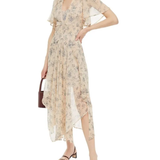 Beige floral-print midi dress with flutter sleeves, shirred waist, and asymmetric hem — Maje | Endless UAE