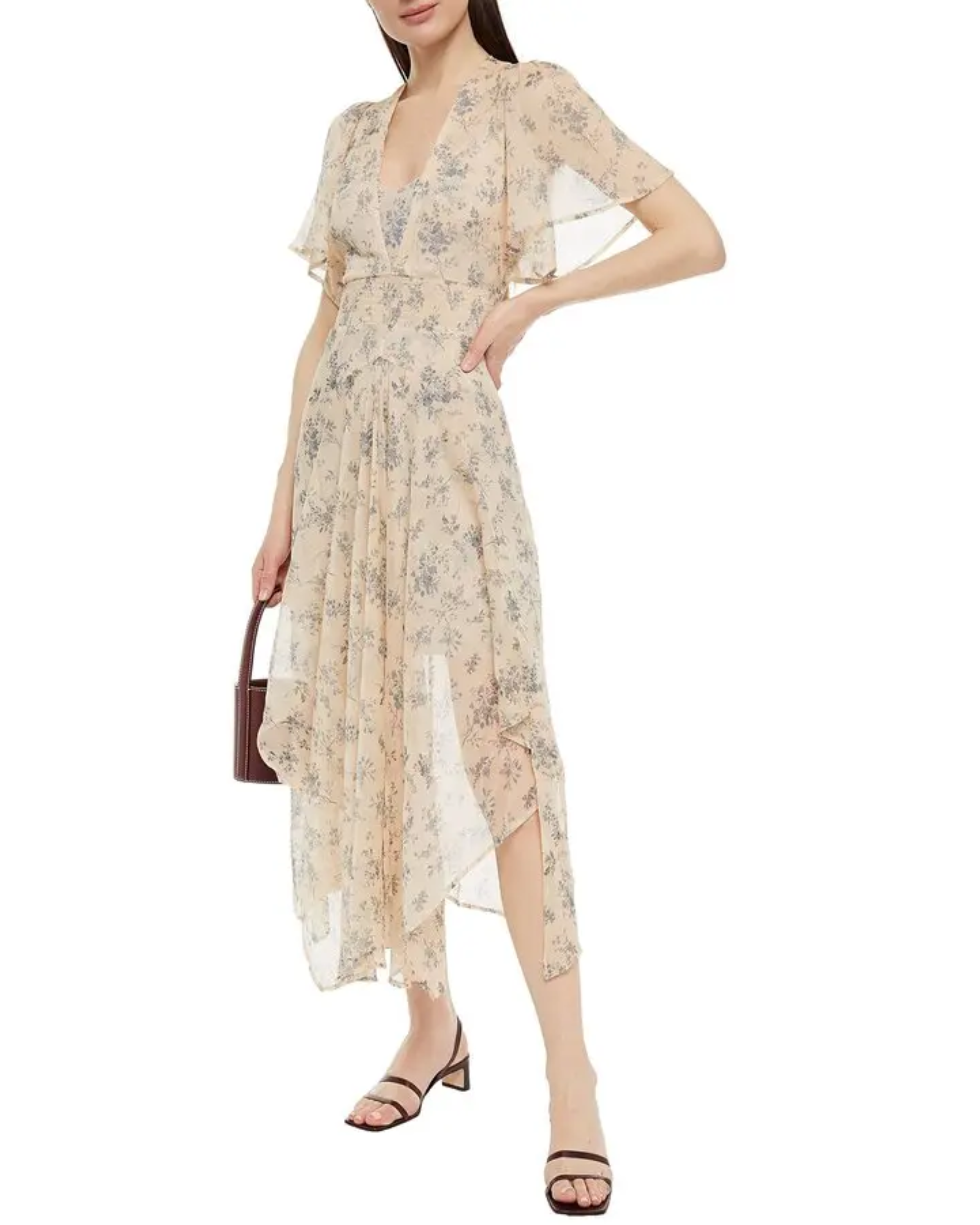 Beige floral-print midi dress with flutter sleeves, shirred waist, and asymmetric hem — Maje | Endless UAE