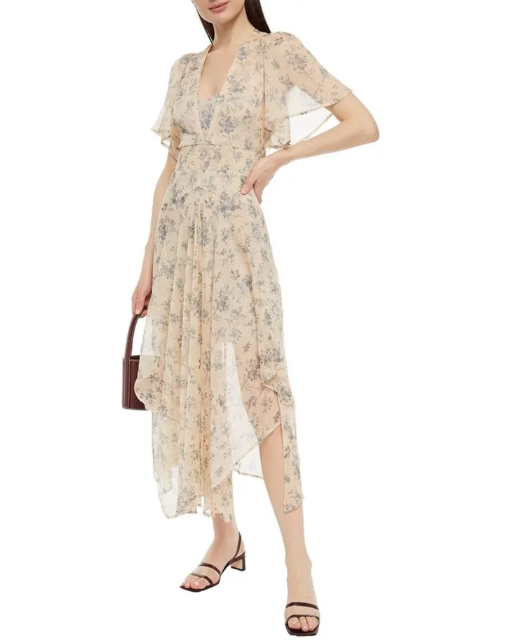 Beige floral-print midi dress with flutter sleeves, shirred waist, and asymmetric hem — Maje | Endless UAE